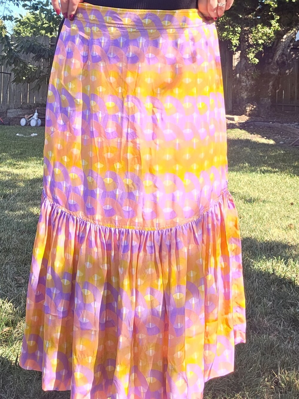 Sandro Pink Orange Geometric Midi Skirt with Ruffle Hem